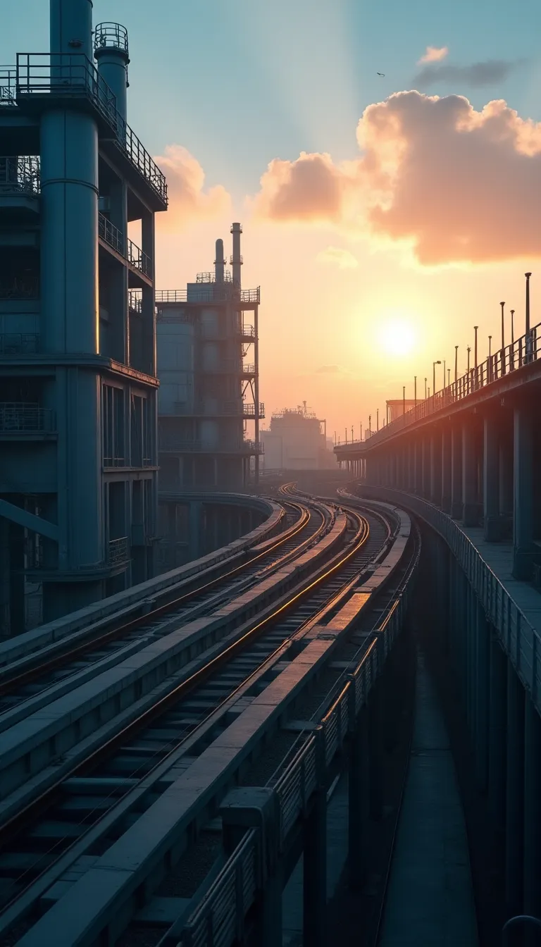 Infraestrutura industrial com trilhos e planta industrial ao entardecer